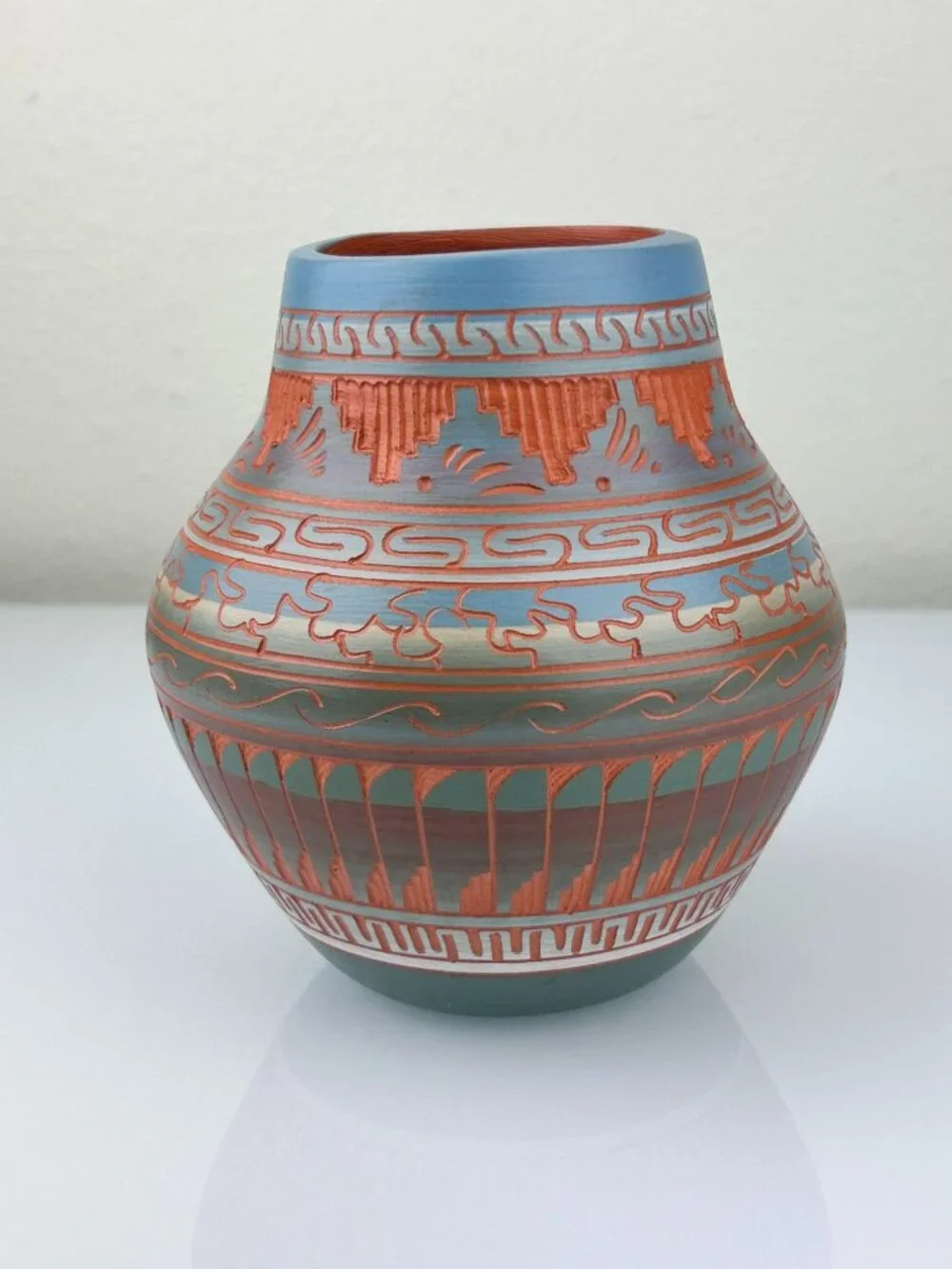 Navajo Pottery Vase Terracotta Red Clay Etched Blue Orange Teal 6